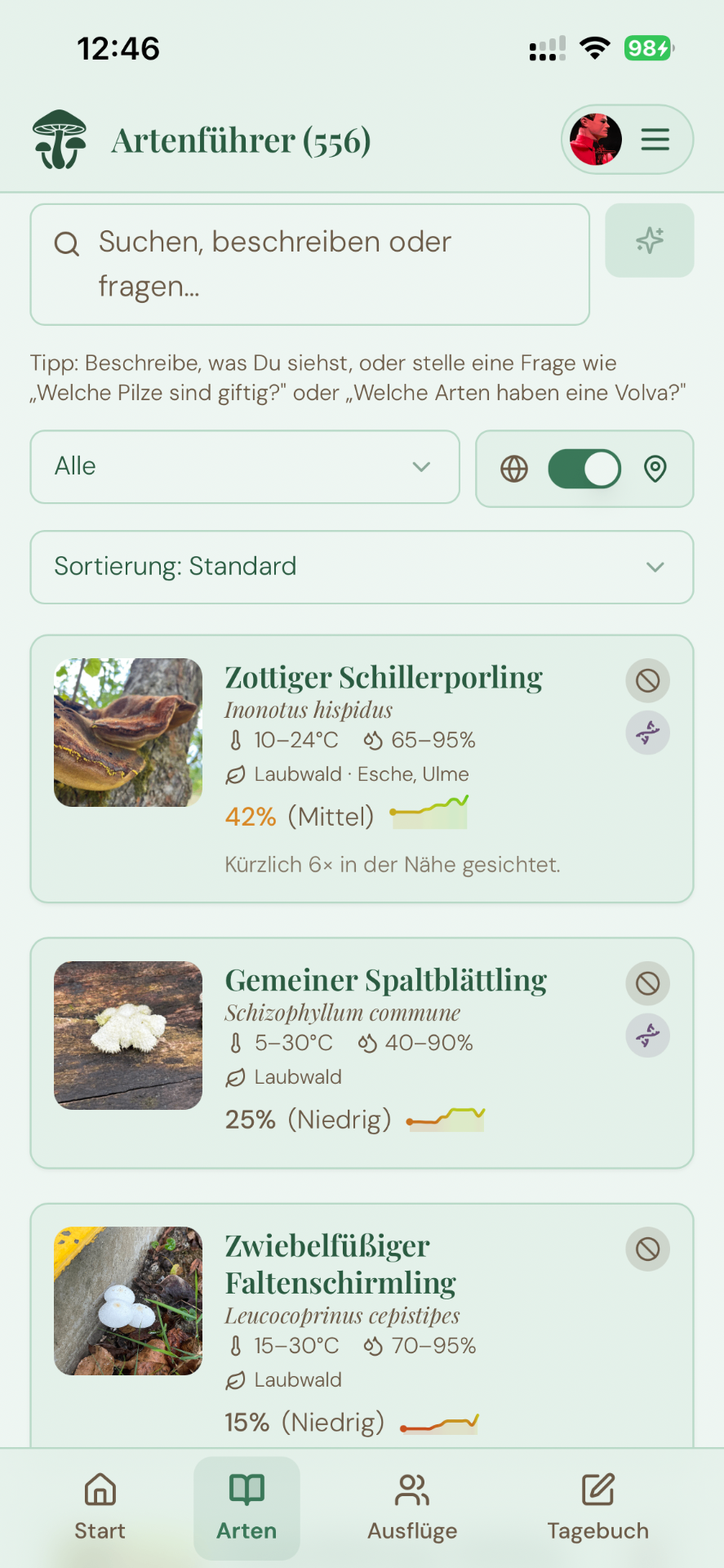 Artenführer-Bildschirm mit Liste essbarer Pilze