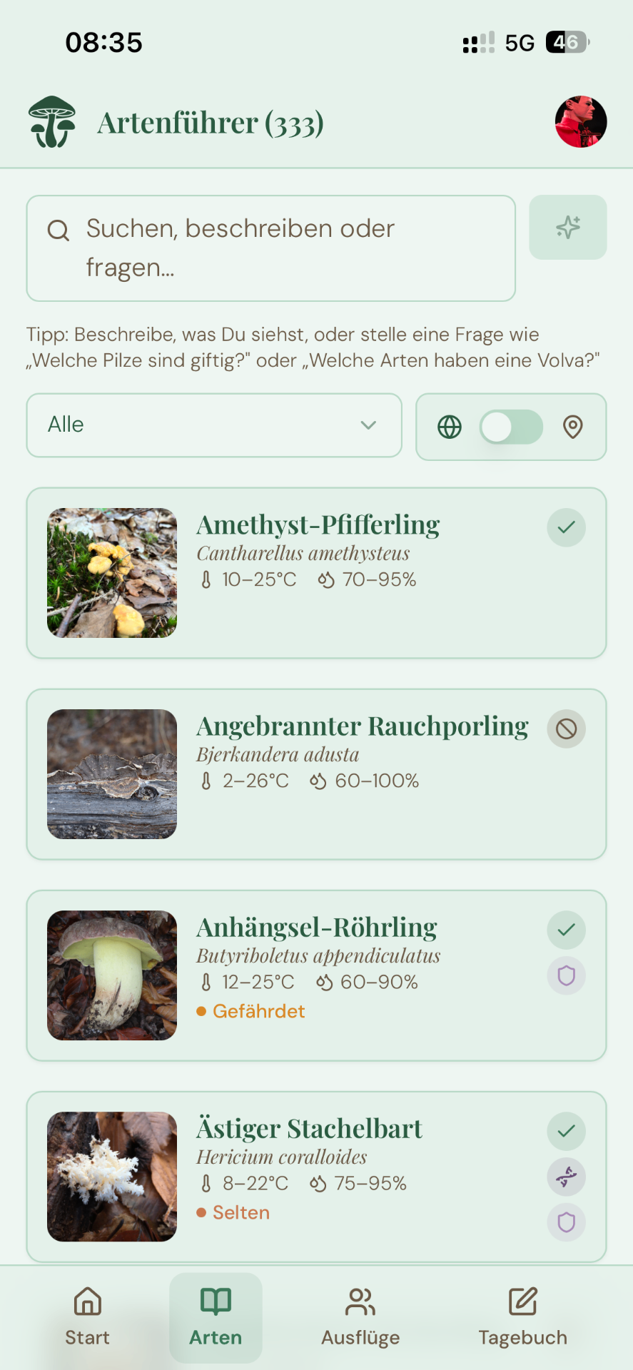 Artenführer-Bildschirm mit Liste essbarer Pilze
