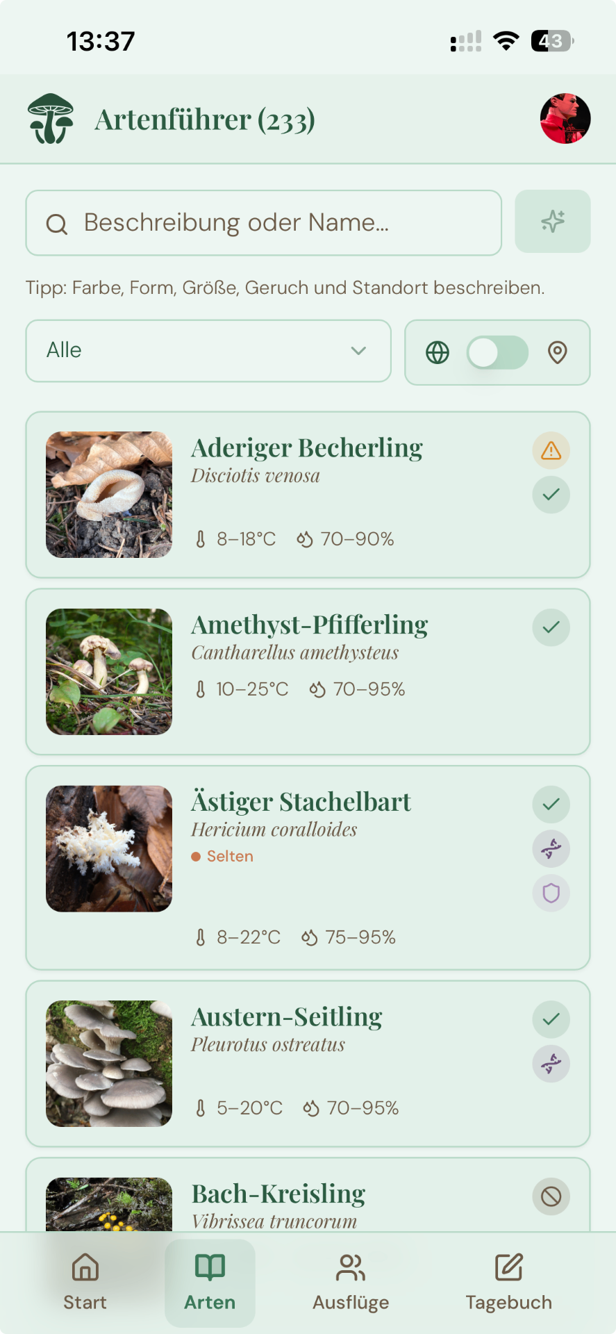 Artenführer-Bildschirm mit Liste essbarer Pilze