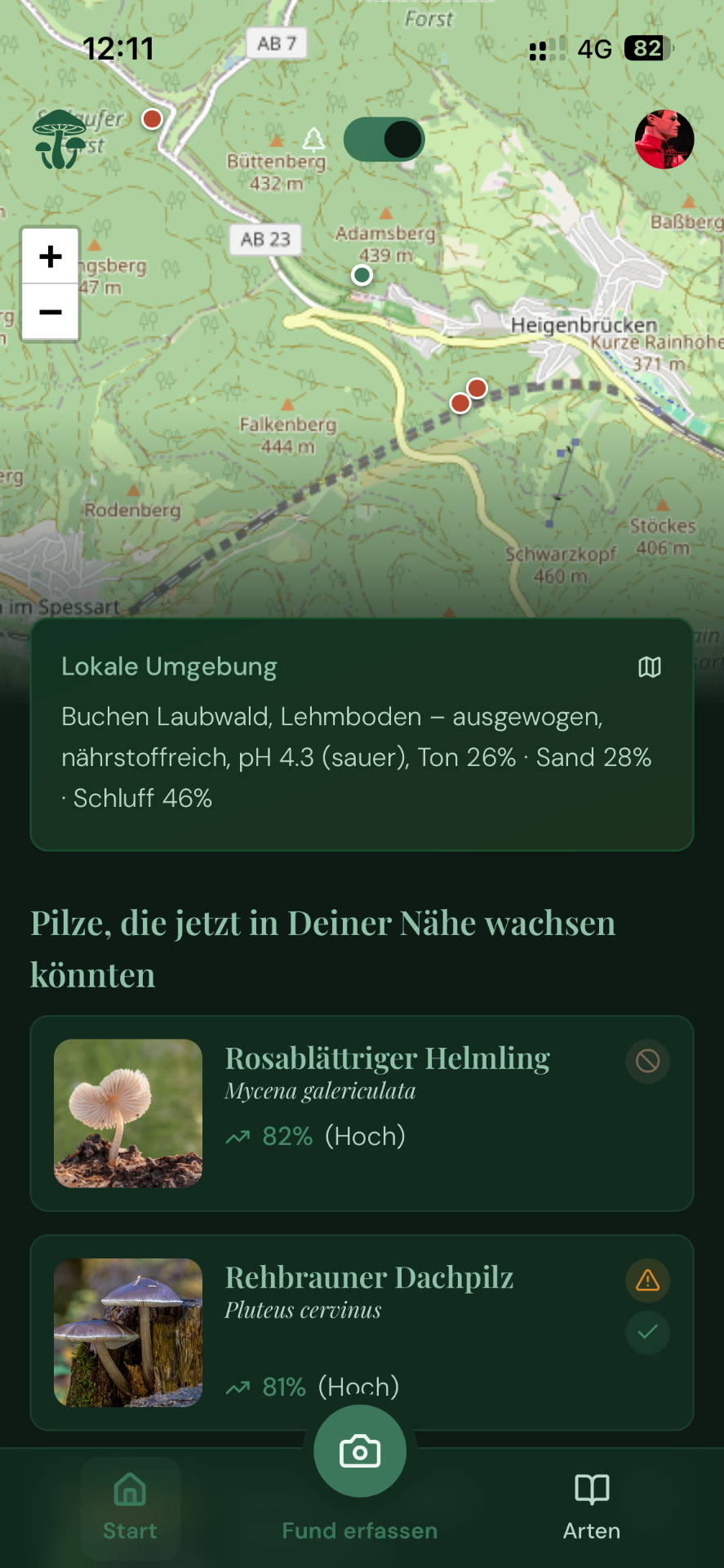 App-Startbildschirm im Waldmodus mit lokaler Umgebung und Pilzempfehlungen